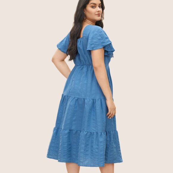 BloomChic Plus Size Plain Ruched Drawstring Pocket Ruffle Tiered Dress - Picture 2 of 6